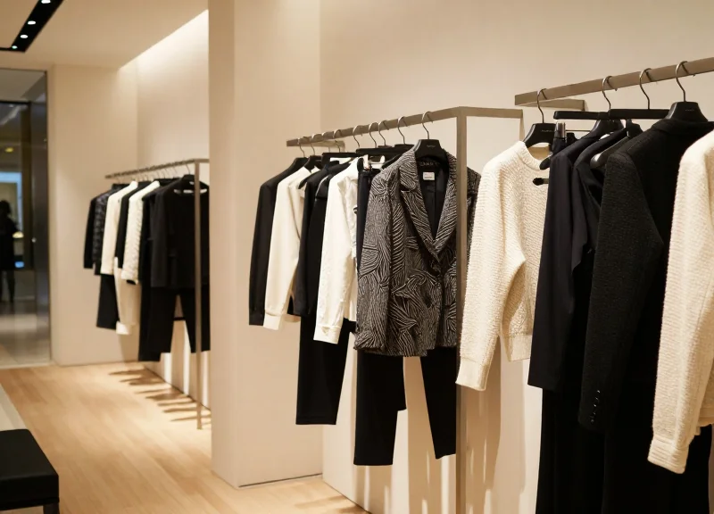 High-end luxury fashion boutique interior with elegant lighting and designer clothes on display racks.