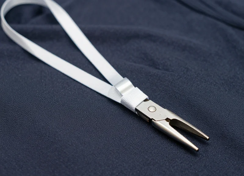 Close-up of a severed traditional plastic security lanyard on a piece of clothing, showing the vulnerability to simple cutting tools.