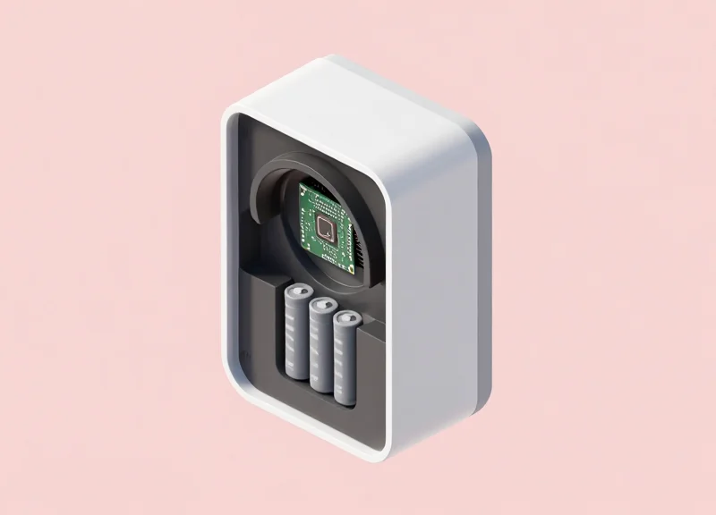 3D isometric view of a security sensor showing internal layers including circuitry and battery.