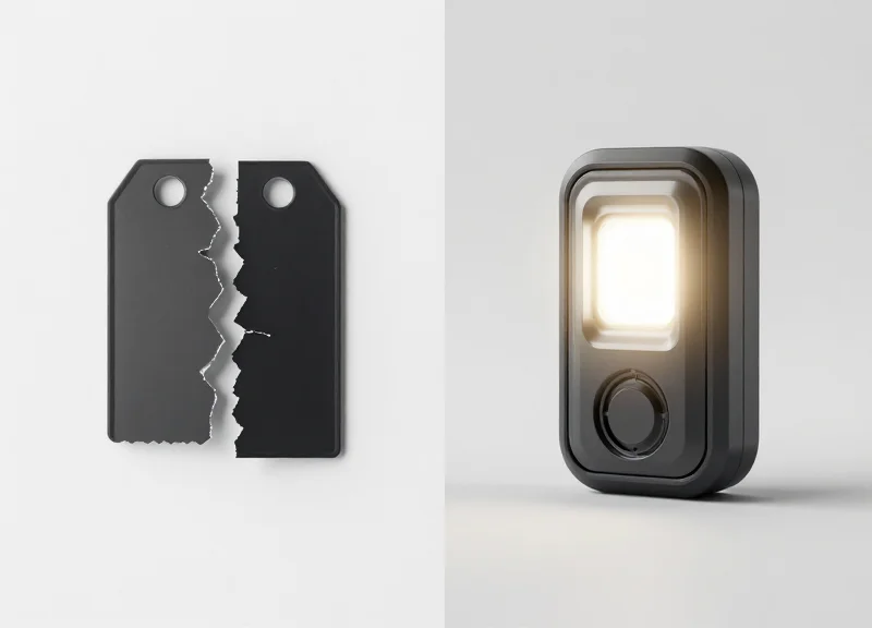Side-by-side comparison showing a broken traditional tag on the left and a secure active alarm tag on the right.