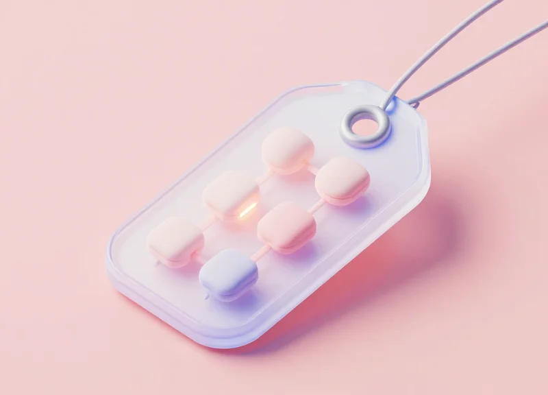 An isometric 3D illustration of an active self-alarming retail security tag showing internal layered components with glowing connection points on a clean pastel blue background.