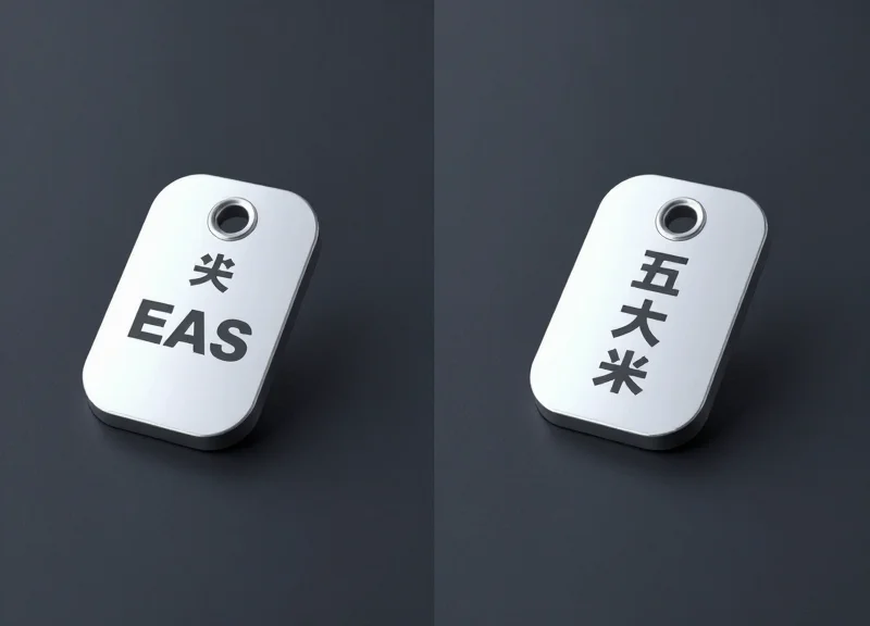 A side-by-side professional studio comparison between a standard EAS tag and a high-tech multi-way self-alarming tag on a sleek dark surface.