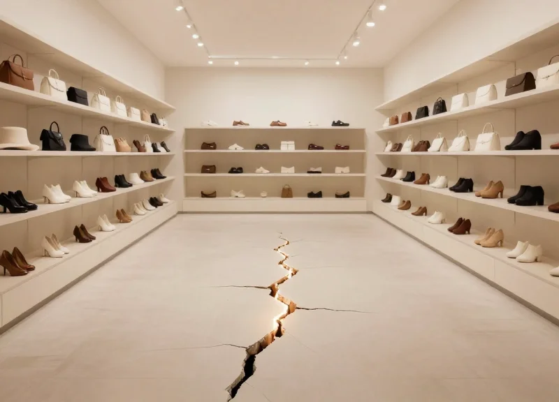 Surreal illustration of a retail store floor with a subtle glowing gap representing profit leakage and internal shrinkage.