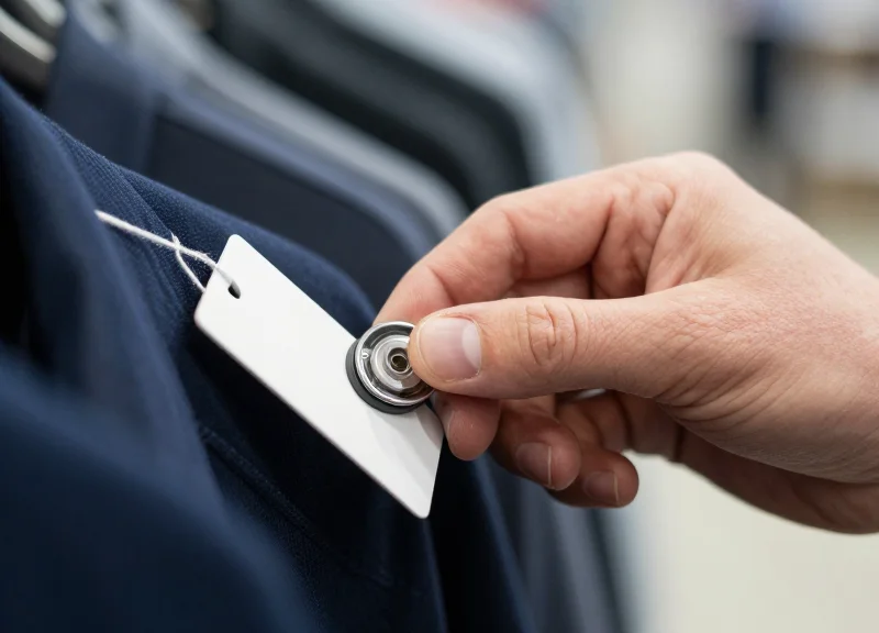 Close-up of a person's hands using a magnetic security detacher tool in a store setting.