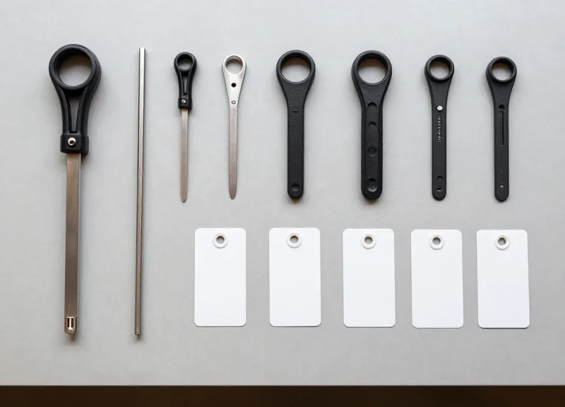 Top-down view of organized retail security tools and tags neatly arranged on a store counter.