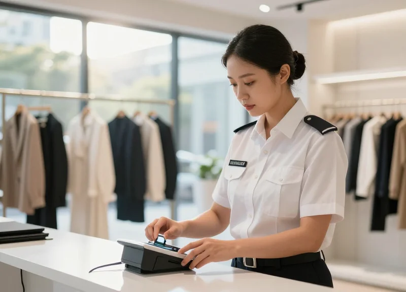 A professional retail manager in a high-end store environment focusing on a secure checkout area with security devices, featuring a modern and clean retail backdrop.