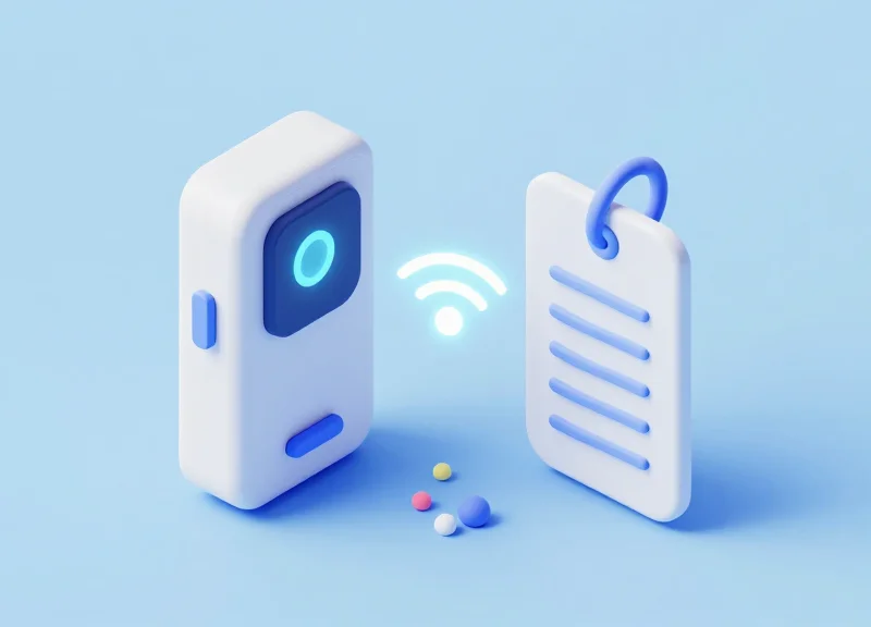 Isometric view of a retail security system showing an encrypted smart detacher wirelessly communicating with an RFID tag
