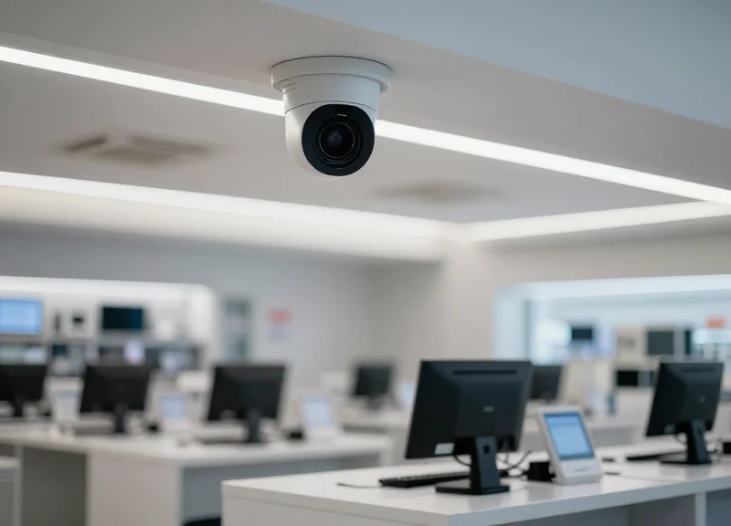 A professional AI camera mounted over a retail checkout lane monitoring transaction activity