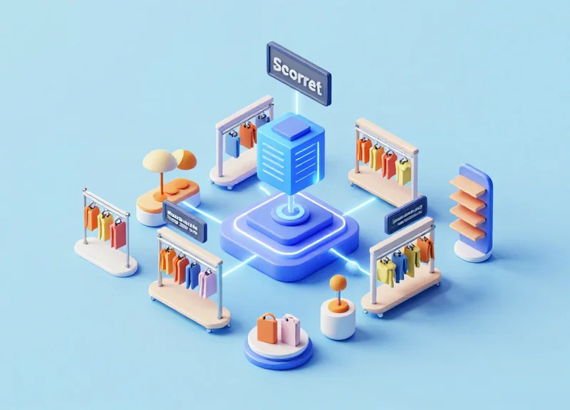 Isometric 3D view of an integrated retail security ecosystem including RFID and smart labels.