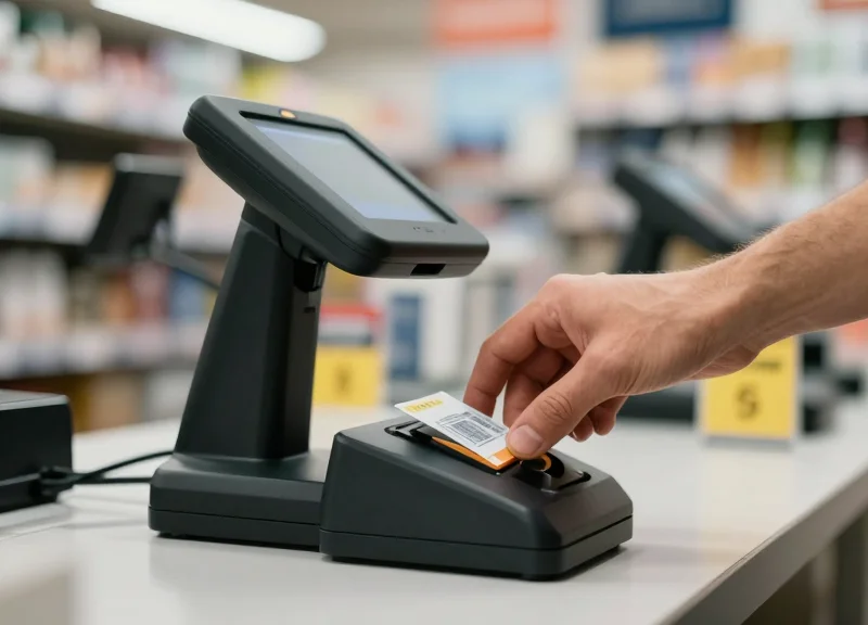 Close-up of a hand moving a product over a high-volume non-contact deactivator at a busy checkout.