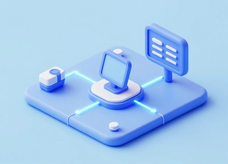 Isometric 3D model of a smart retail network connecting deactivators to POS systems.