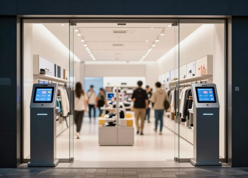 A modern retail store entrance with high-tech security pedestals and blurred shoppers in the background.