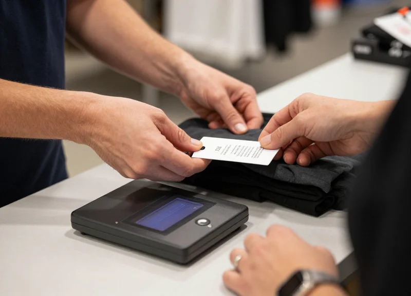 A retail associate demonstrating the correct way to deactivate a security tag on a product.