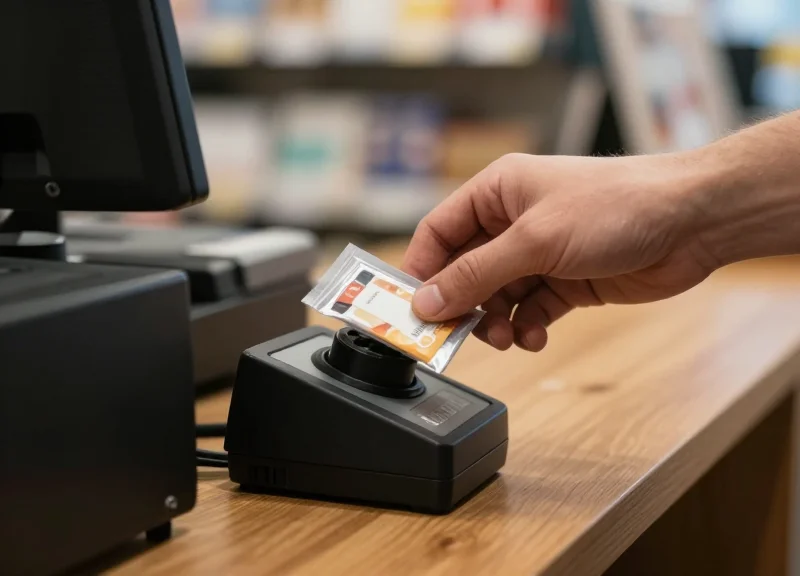 A close-up shot of a hand passing a product over a deactivator at a retail checkout counter.