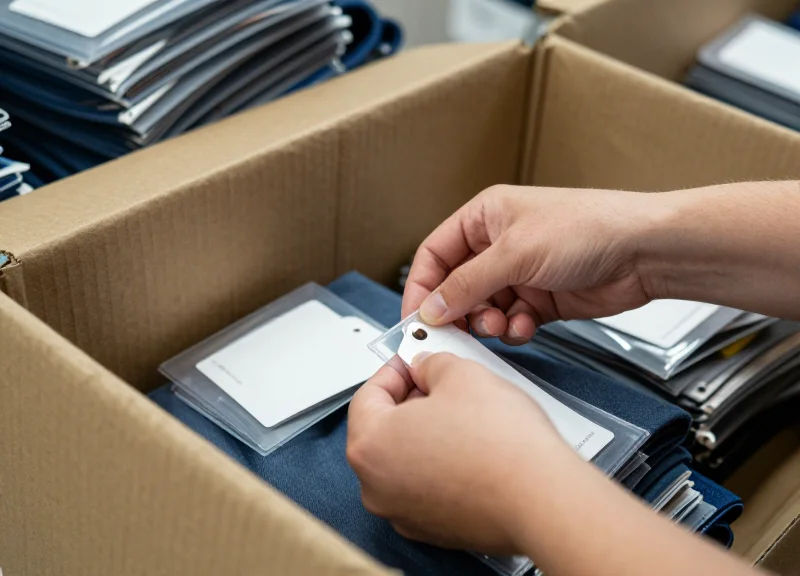 Retail worker manually applying security tags to a pile of clothes in a busy warehouse