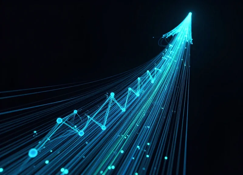Abstract visualization of cost reduction and efficiency growth with glowing digital nodes