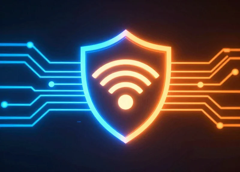 Abstract digital representation of AM and RFID security signals merging into a unified hybrid circuit.