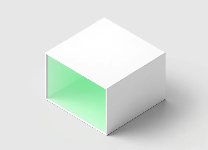 Isometric view of a product box with a highlighted translucent green zone for optimal tag placement.