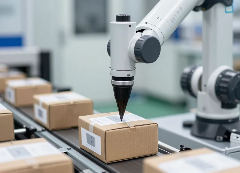 A high-speed industrial robotic arm applying security labels to packaging on a conveyor belt.