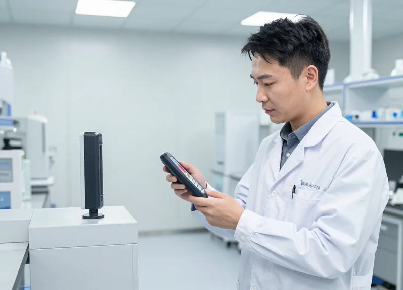 A technician in a lab testing a retail security gate for detection signal strength.