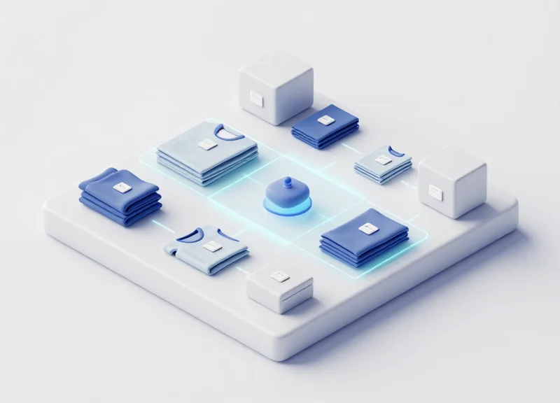 An isometric 3D illustration showing miniature retail items with small security labels applied, connected by technical blueprint lines and abstract glowing detection zones on a clean white surface.
