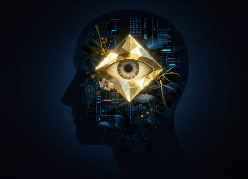 A surrealist art piece showing a person looking through a glowing geometric prism that reveals hidden data patterns, representing proactive intelligence.