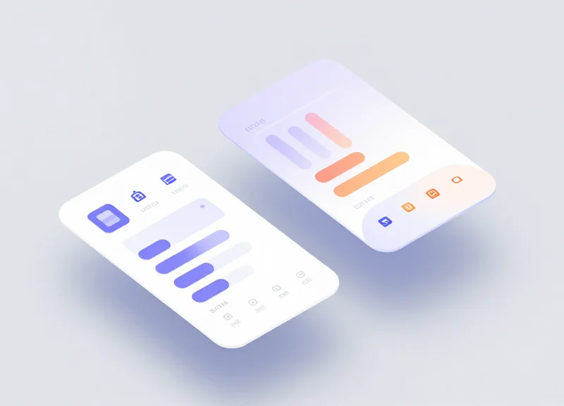 Abstract interface design showing floating inventory cards and a 3D package icon with glassmorphism effects.