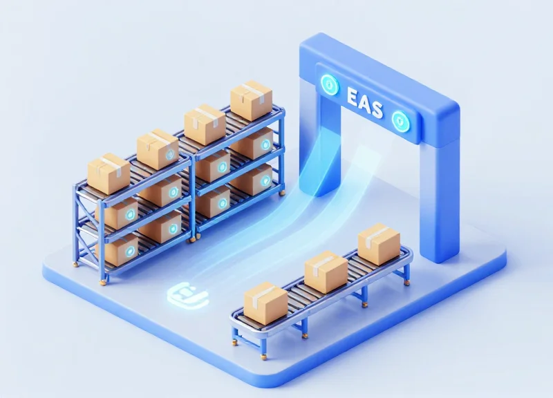 A modern isometric 3D illustration of a smart logistics hub where packages with glowing integrated security tags pass through a high-tech scanner gate, representing the integration of RFID and EAS.