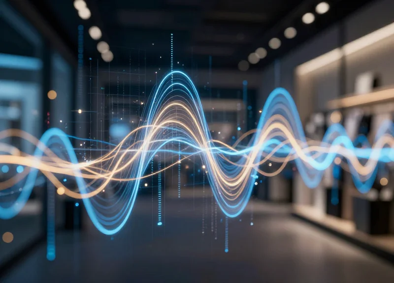 Abstract digital visualization of security signals and data flow in a futuristic retail environment