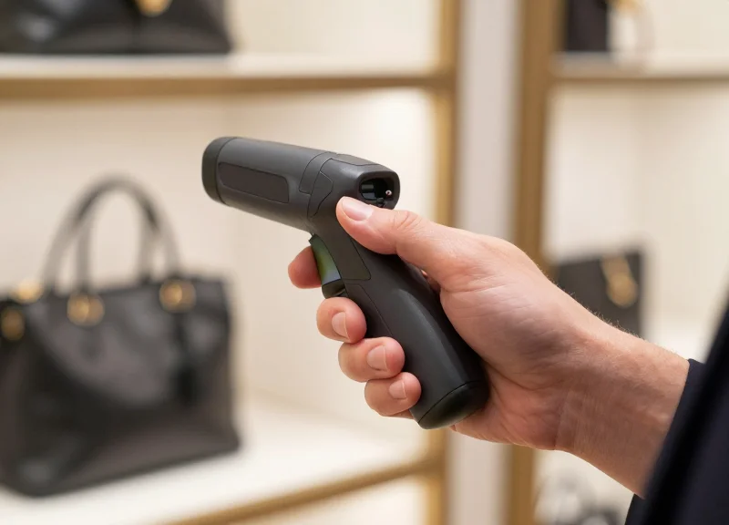 Close-up of a store employee using a handheld tag verifier on a luxury product
