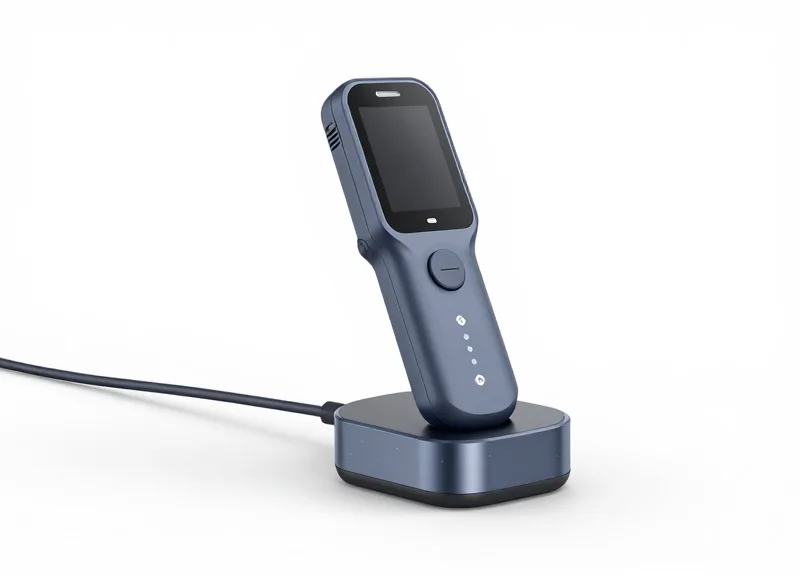 Handheld security device resting on its modern charging dock