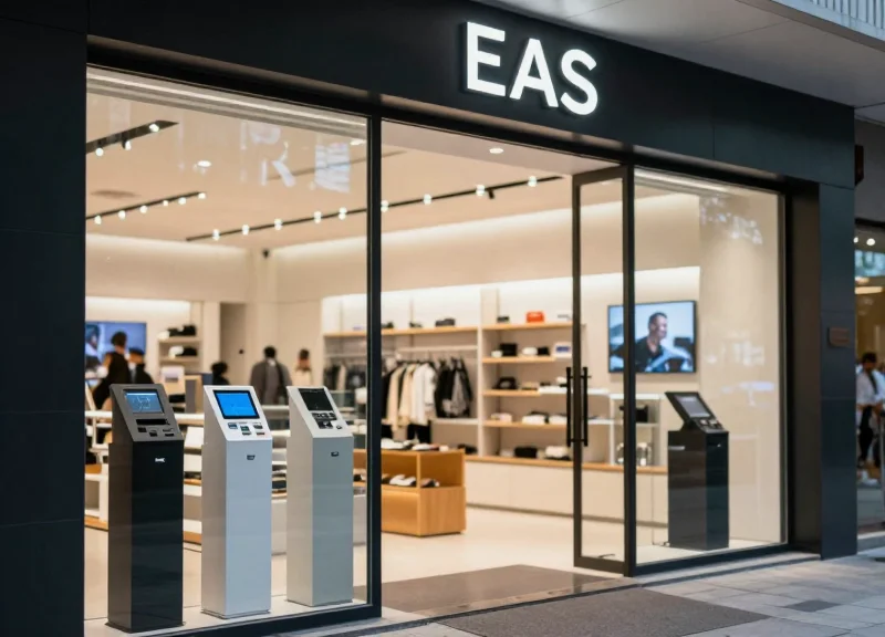 A modern retail store entrance with sleek electronic article surveillance (EAS) pedestals and professional lighting.