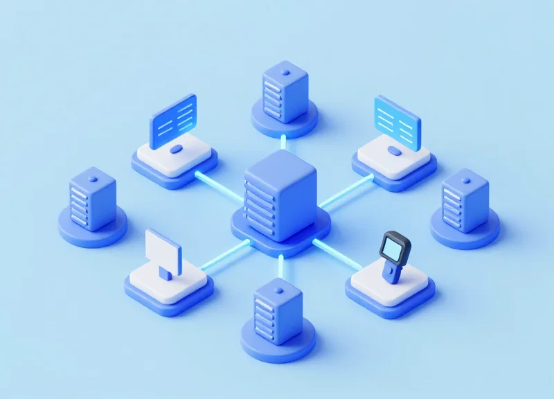 An isometric 3D model of an integrated retail security system showing connections between pedestals, handhelds, and data hubs.