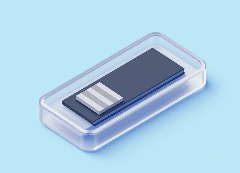 Isometric 3D model of a security tag showing internal magnetic components and resonator layers.