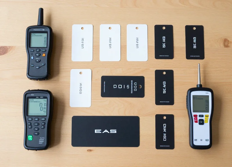 A professional collection of EAS auditing tools and test tags neatly arranged on a wooden surface.