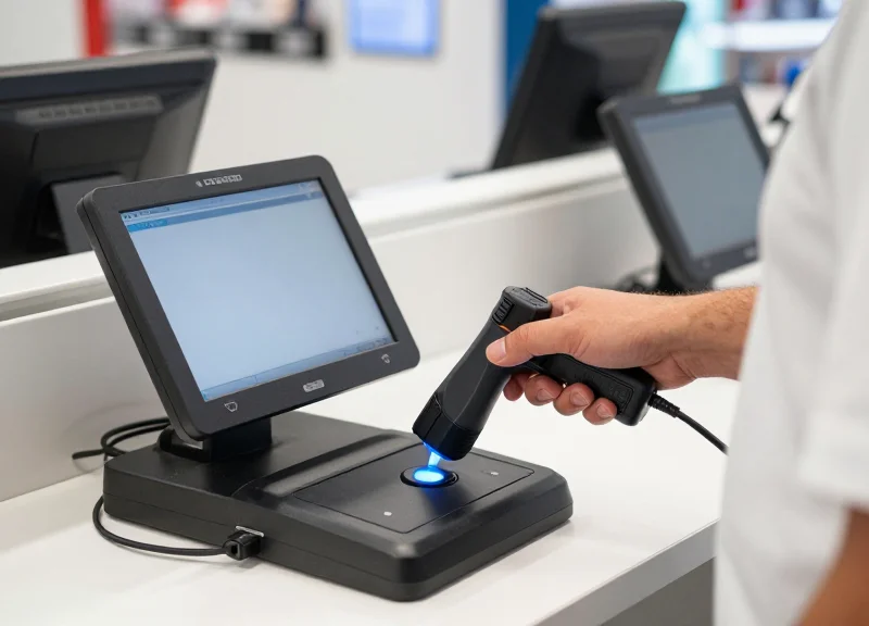 A technician auditing an AM deactivation pad at a retail checkout counter.