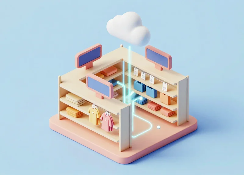 Isometric 3D view of a retail ecosystem connecting ESL labels and RFID tags to a cloud system.