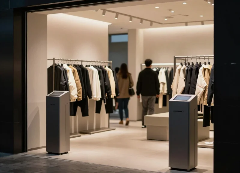 Modern high-tech retail store interior with sleek security pedestals and soft lighting.