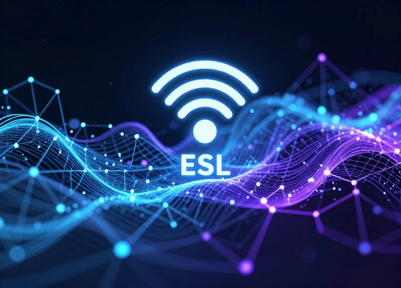 Abstract digital nodes and waves representing RFID and ESL future tech synergy.