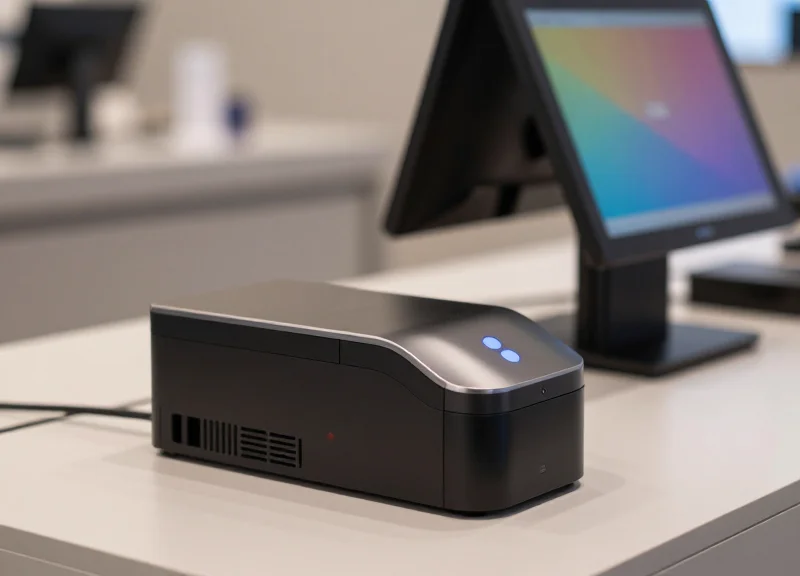 A sleek, modern smart EAS detacher integrated into a clean, professional retail checkout counter with a blurred POS terminal in the background.