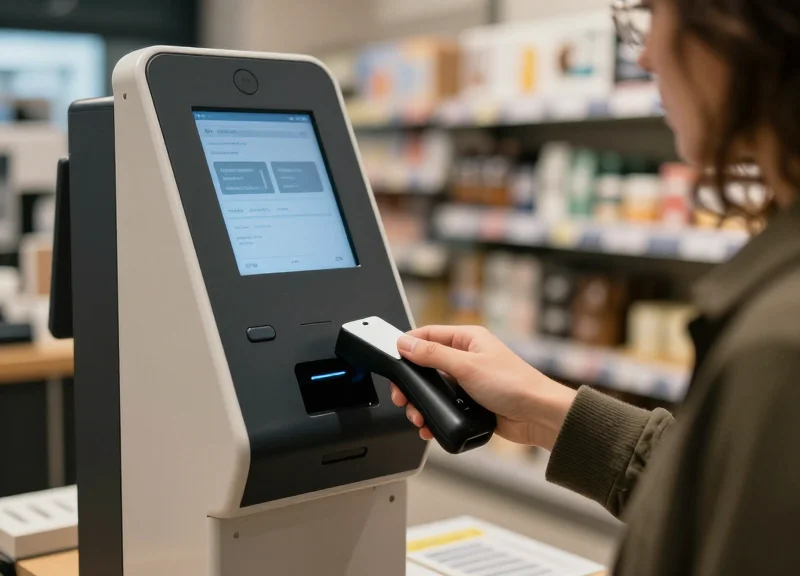 A modern smart checkout experience in a high-end retail environment showing a sleek automated detacher.