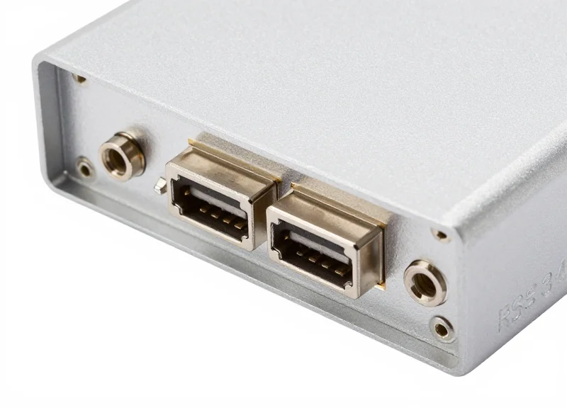 Close-up of industrial connection ports including USB and RS232 on a professional hardware device.