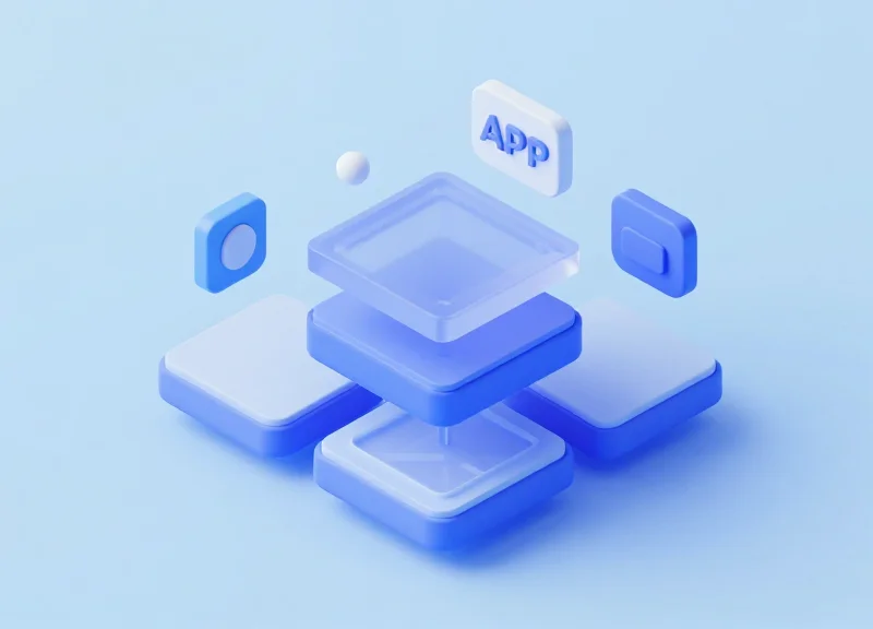 Isometric 3D view of software API layers and modular system architecture for POS integration.