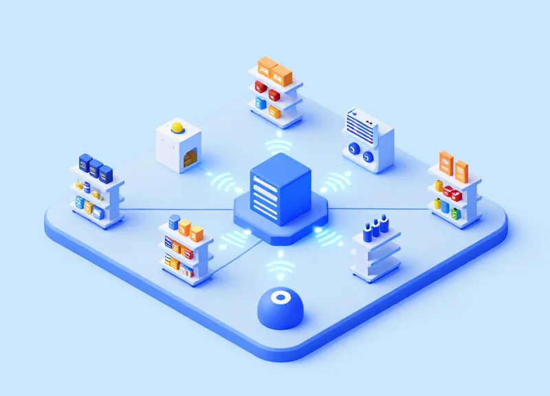 Isometric model of a retail inventory system synchronized with RFID security status.