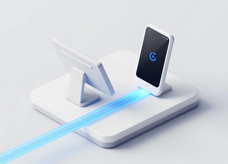 An isometric 3D illustration of a sleek retail POS terminal and a security tag detacher connected by glowing blue light trails on a minimalist platform.