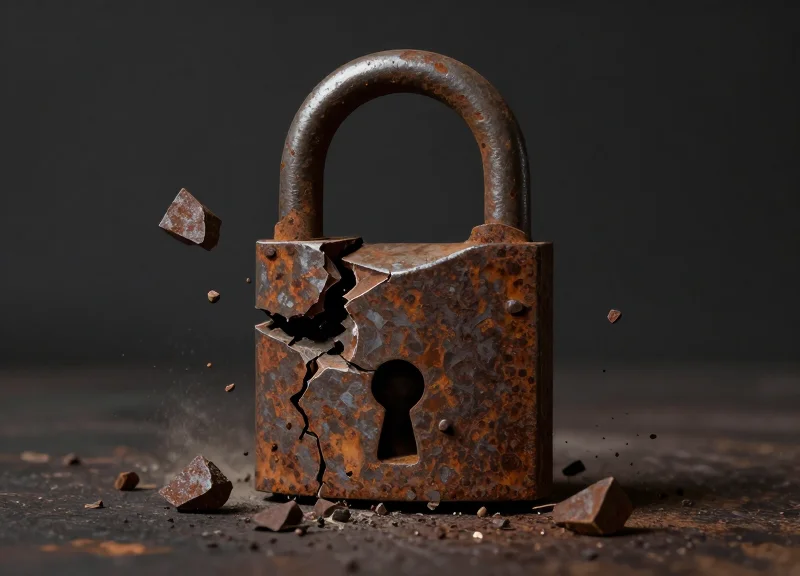 A surrealist artistic depiction of an old, heavy iron lock crumbling away into digital particles, symbolizing the failure of traditional security methods.