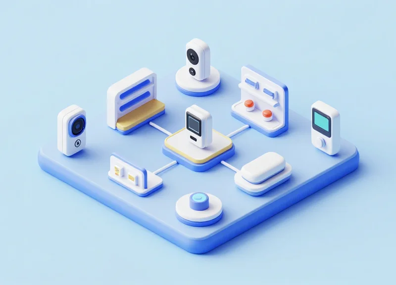 Isometric 3D model of a futuristic retail store environment with interconnected security modules and glowing network lines.