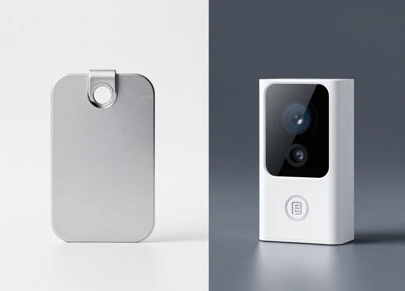 A side-by-side comparison of a bulky traditional security tag and a sleek, invisible automated smart lock sensor.