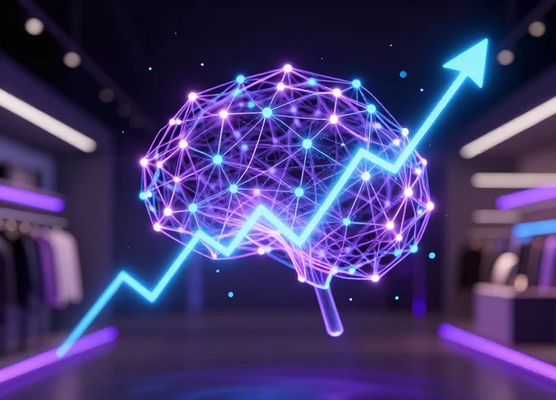 Digital conceptual art of a glowing artificial intelligence brain overseeing retail analytics and predictive security data.