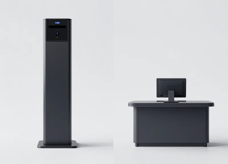 Split screen comparison between a standalone security tower and an integrated checkout sensor.